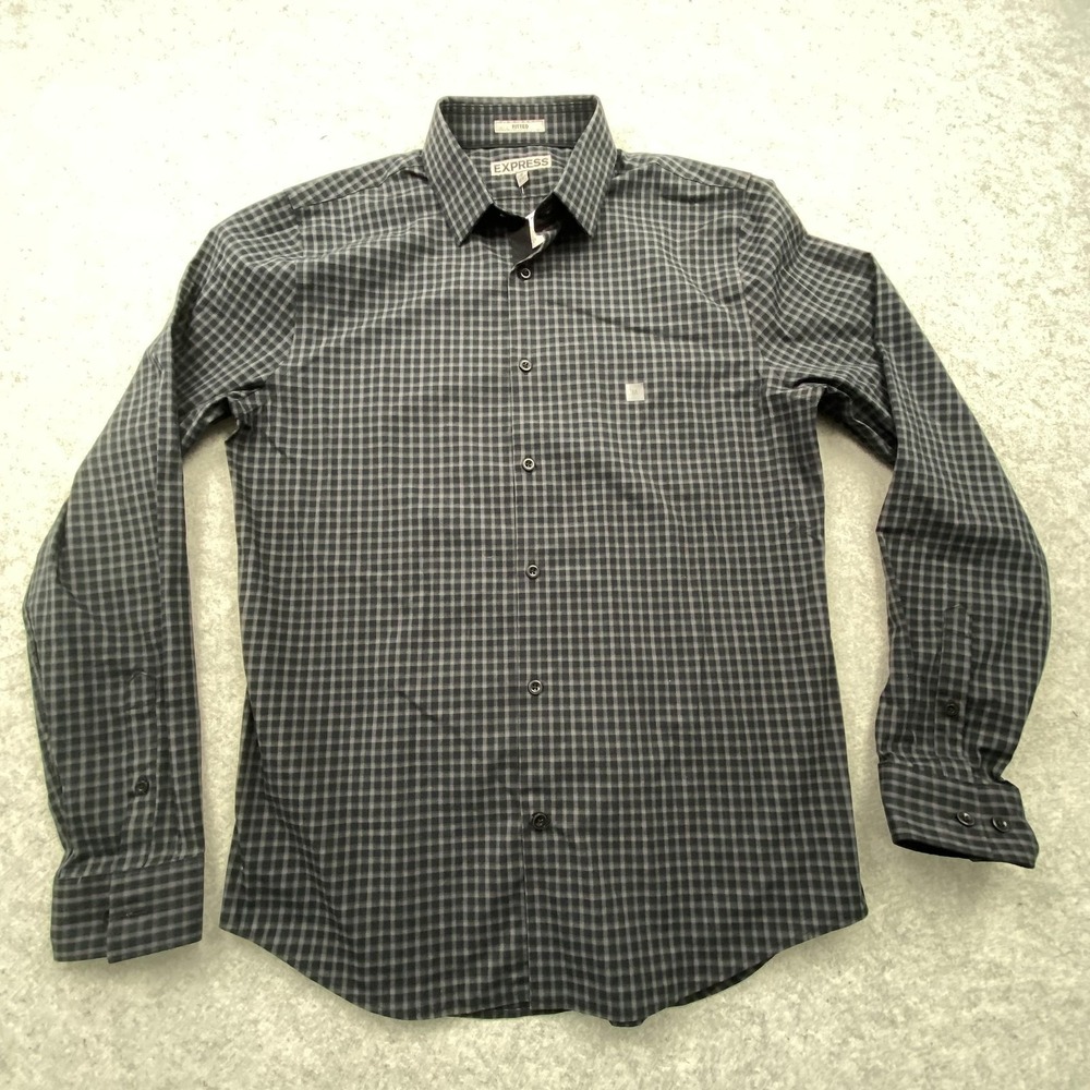 Express Shirt Mens Medium Gray Check Fitted Stretch Long Sleeve Dress Shirt